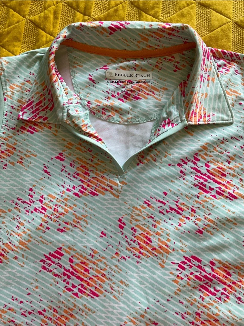 🔴Pebble Beach Dry-Luxe Performance Sleeveless Polo Shirt XL Mint Orange Abstract - Picture 2 of 3